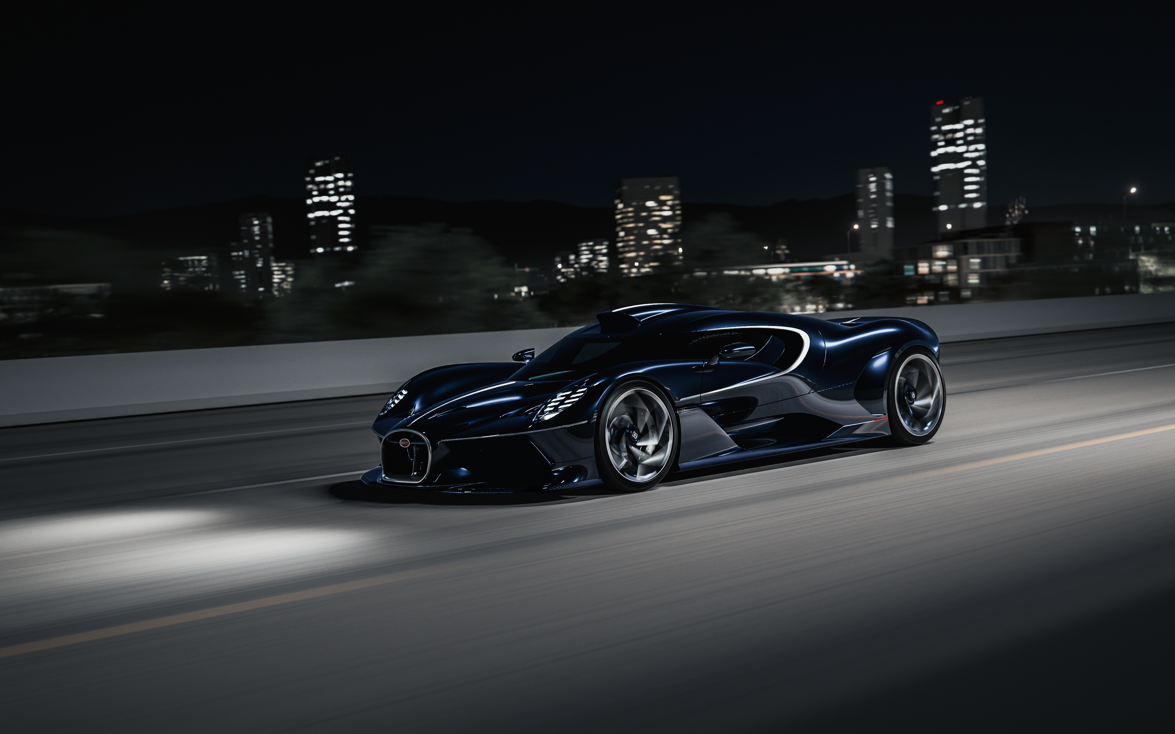 Bugatti's emblematic C-line takes on a subtle new form. It pauses just before the front wheel arch, revealing bare bodywork before continuing on to meet the horseshoe grille.